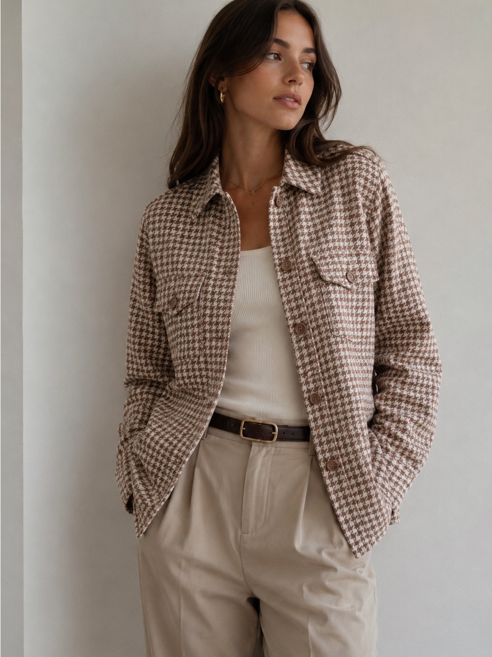 RW&CO. Neutral Houndstooth Button-Front Shacket